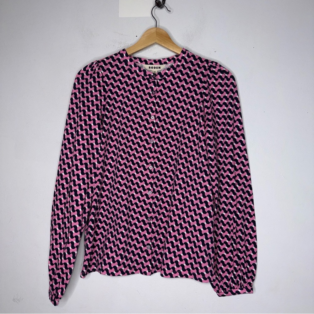 Boden Marina Jersey Button Down‎ Top Pink Black Terrace Swirl Bold Print Top 4